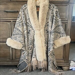 Original USA Cozy Faux Shearling Trim Printed Shawl Coat - Cream/Grey